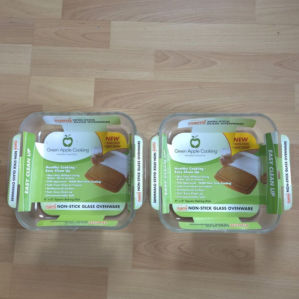 2 Nami Non-Stick Glass Ovenware Baking Dishes Green Apple Cooking 8 x 8 S8661